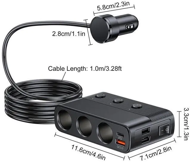 Alt view image 7 of 7 - 3-Way Car Cigarette Lighter Socket Splitter, 7 in 1 Power Adapter, Quick Charge