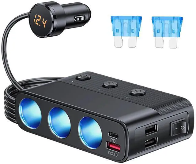 Main image of 3-Way Car Cigarette Lighter Socket Splitter, 7 in 1 Power Adapter, Quick Charge