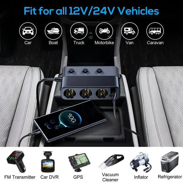 Alt view image 5 of 7 - 3-Way Car Cigarette Lighter Socket Splitter, 7 in 1 Power Adapter, Quick Charge