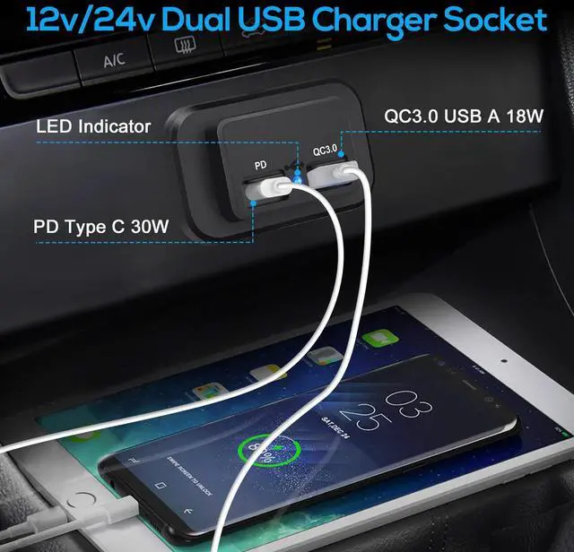 Alt view image 3 of 7 - 2PCS Car Charger Outlet Socket, Dual USB QC3.0 & PD Quick Charge, for RV Marine