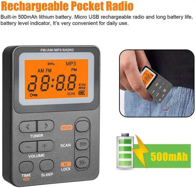 Alt view image 7 of 7 - Mini Digital AM/FM Radio Receiver Stereo MP3 Player LCD Screen USB Rechargeable