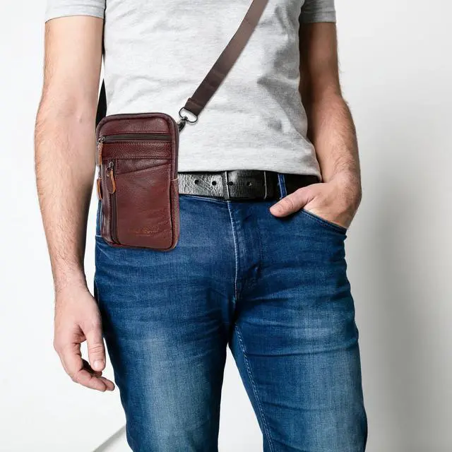 Alt view image 4 of 7 - Men Leather Fashion Phone Pouch Belt Bag Shoulder Crossbody Waist Pack Handbag