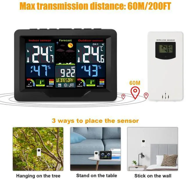 Alt view image 3 of 7 - Digital LCD Indoor & Outdoor Weather Station Alarm Clock Thermometer Wireless