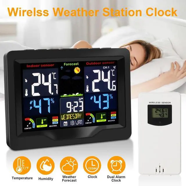 Alt view image 4 of 7 - Digital LCD Indoor & Outdoor Weather Station Alarm Clock Thermometer Wireless