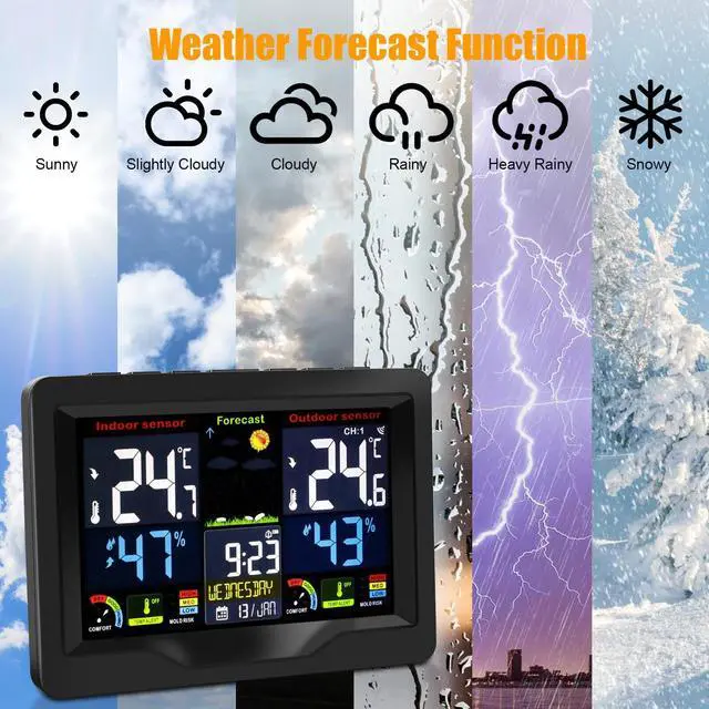 Alt view image 6 of 7 - Digital LCD Indoor & Outdoor Weather Station Alarm Clock Thermometer Wireless