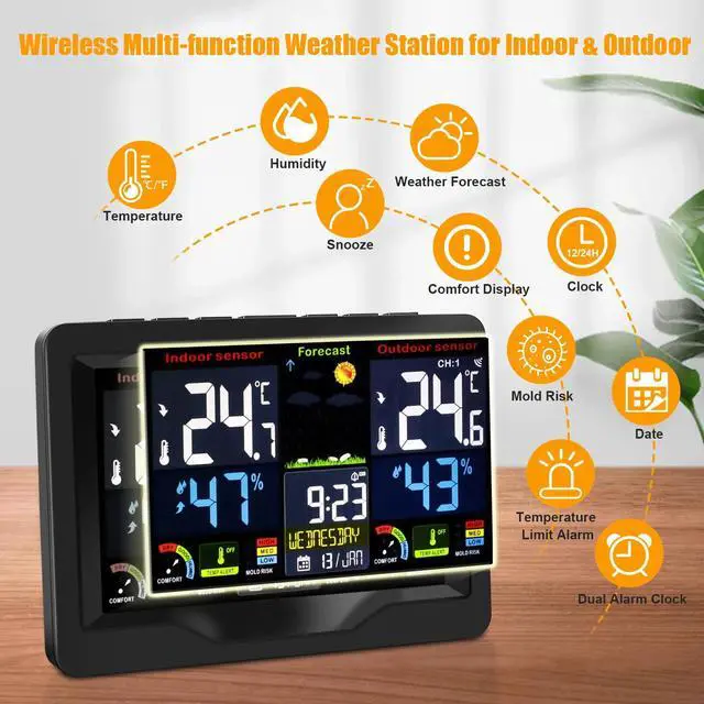 Main image of Digital LCD Indoor & Outdoor Weather Station Alarm Clock Thermometer Wireless