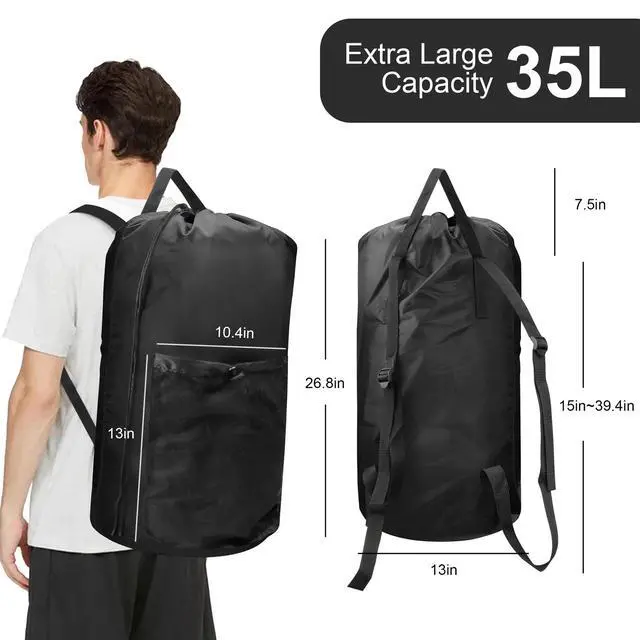 Alt view image 2 of 7 - Heavy Duty Backpack Laundry Bag, Clothes Hamper with Shoulder Straps Mesh Pocket
