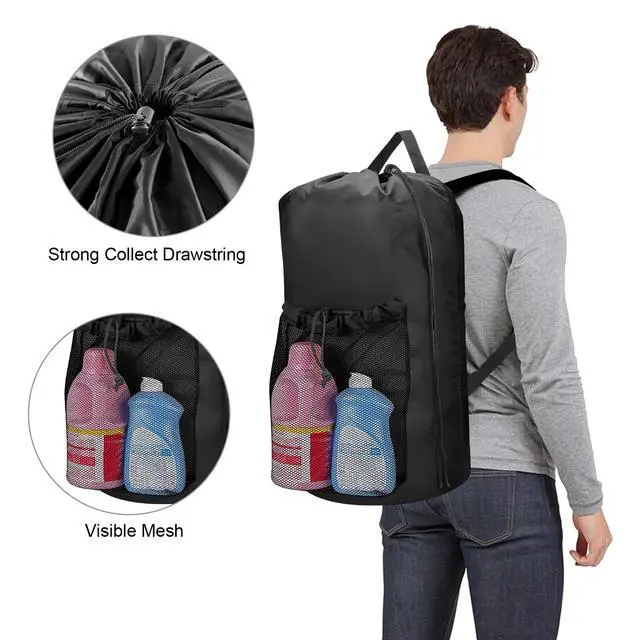 Alt view image 4 of 7 - Heavy Duty Backpack Laundry Bag, Clothes Hamper with Shoulder Straps Mesh Pocket