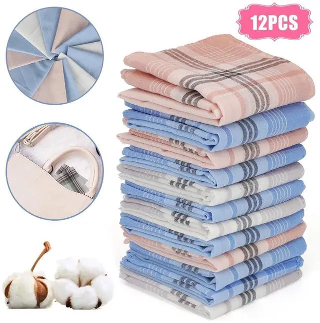 Main image of 12x Cotton Handkerchiefs, Classic Plaid Pocket Square, 15''x15'' Fashion Hankies