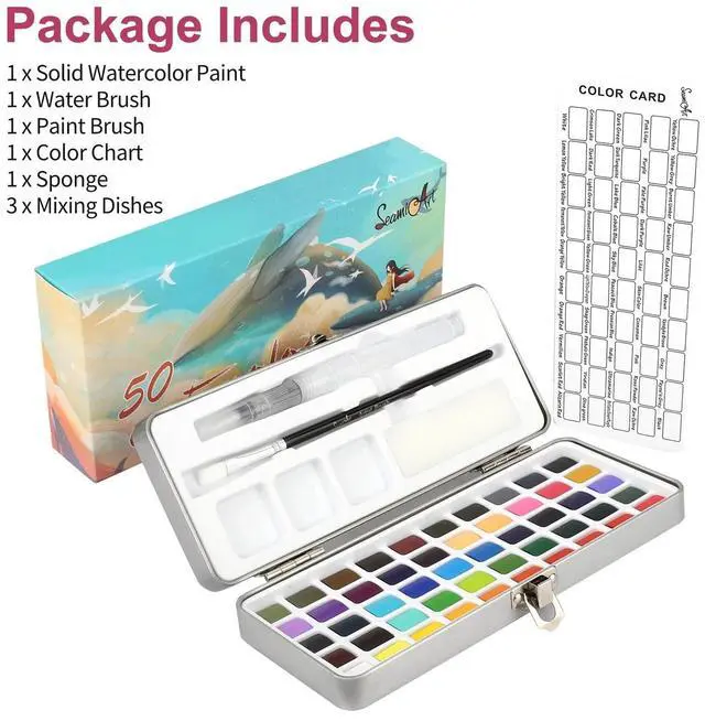 Alt view image 7 of 7 - 50 Colors Watercolor Paint Set with 2 Brushes, Travel Painting Art Supplies Gift