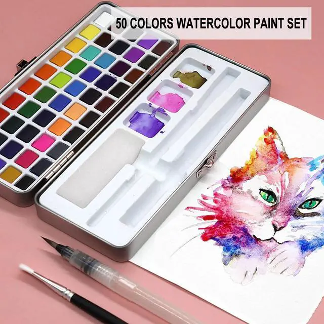 Alt view image 2 of 7 - 50 Colors Watercolor Paint Set with 2 Brushes, Travel Painting Art Supplies Gift