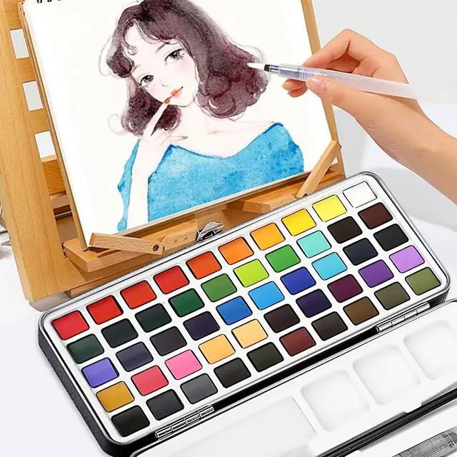 Main image of 50 Colors Watercolor Paint Set with 2 Brushes, Travel Painting Art Supplies Gift