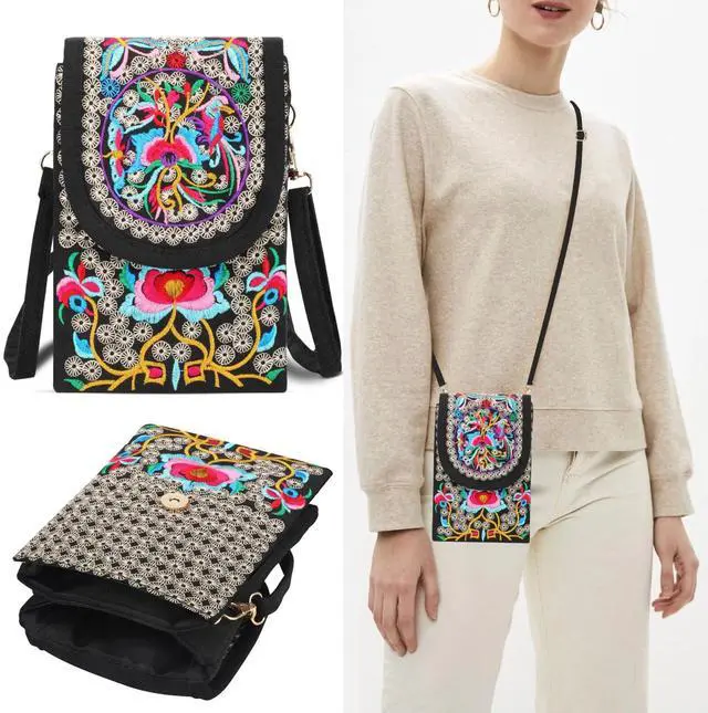 Main image of Crossbody Cell Phone Purse for Women Small Retro Embroidery Printed Shoulder Bag