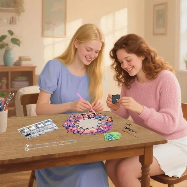 Alt view image 5 of 7 - DIY Diamond Painting Clock Pendant Kit  Butterfly & Flower Acrylic Hanging Art