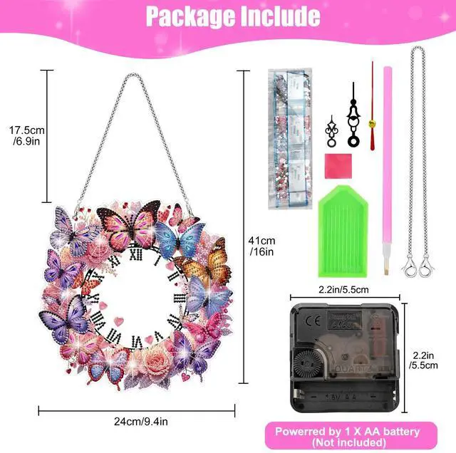 Alt view image 2 of 7 - DIY Diamond Painting Clock Pendant Kit  Butterfly & Flower Acrylic Hanging Art