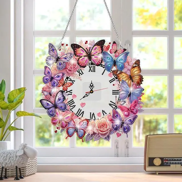 Main image of DIY Diamond Painting Clock Pendant Kit  Butterfly & Flower Acrylic Hanging Art