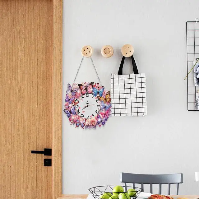Alt view image 7 of 7 - DIY Diamond Painting Clock Pendant Kit  Butterfly & Flower Acrylic Hanging Art