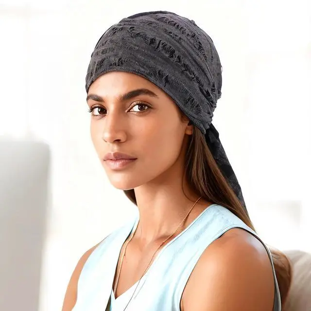 Alt view image 4 of 7 - 2 PCS Long Tail Ripped Beanie Hat Bandana Durag Head Wrap Hip-Hop Turban Unisex