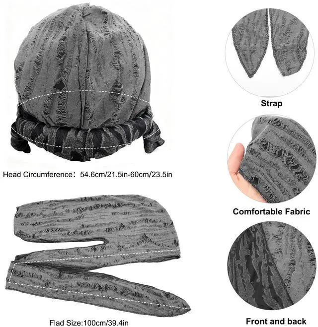 Alt view image 2 of 7 - 2 PCS Long Tail Ripped Beanie Hat Bandana Durag Head Wrap Hip-Hop Turban Unisex