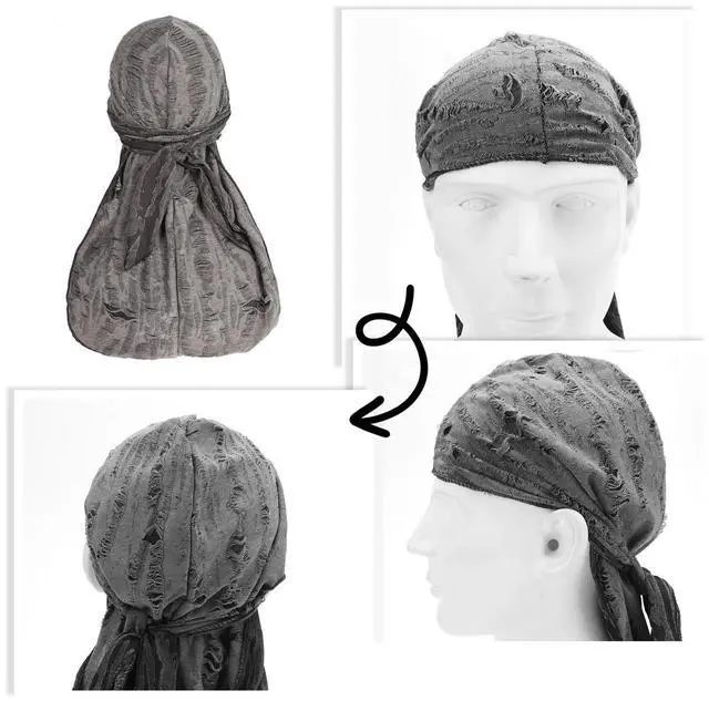 Alt view image 3 of 7 - 2 PCS Long Tail Ripped Beanie Hat Bandana Durag Head Wrap Hip-Hop Turban Unisex