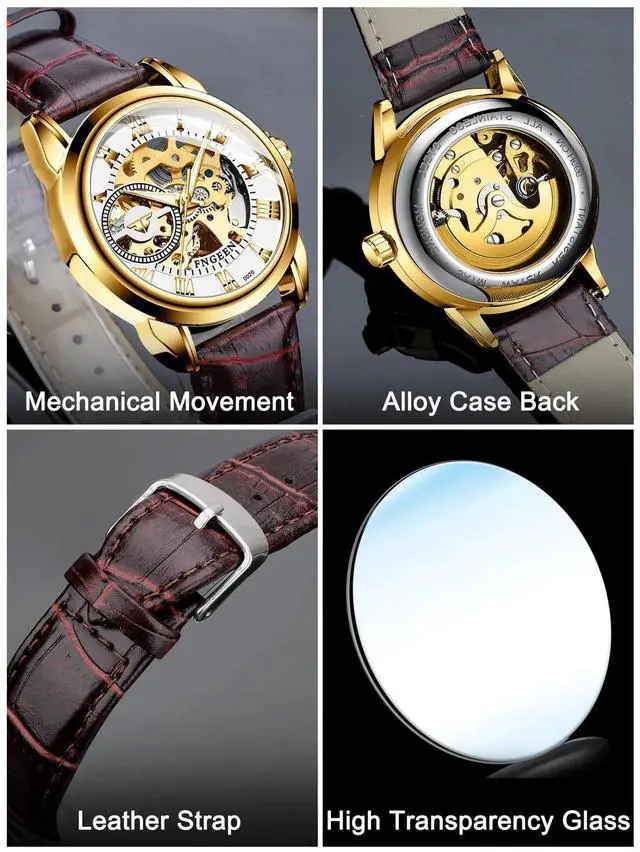 Alt view image 4 of 7 - Waterproof Men's Wristwatch Automatic Mechanical Watch Clear Dial Leather Strap