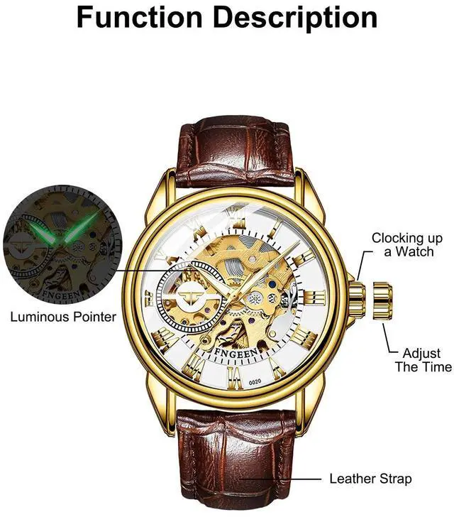Alt view image 3 of 7 - Waterproof Men's Wristwatch Automatic Mechanical Watch Clear Dial Leather Strap