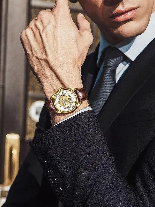 Alt view image 6 of 7 - Waterproof Men's Wristwatch Automatic Mechanical Watch Clear Dial Leather Strap