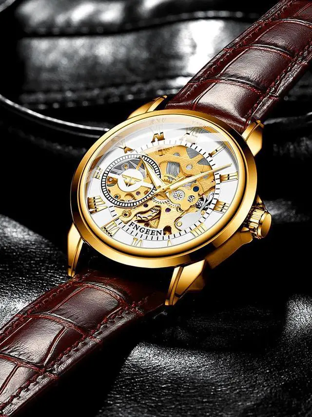 Alt view image 5 of 7 - Waterproof Men's Wristwatch Automatic Mechanical Watch Clear Dial Leather Strap