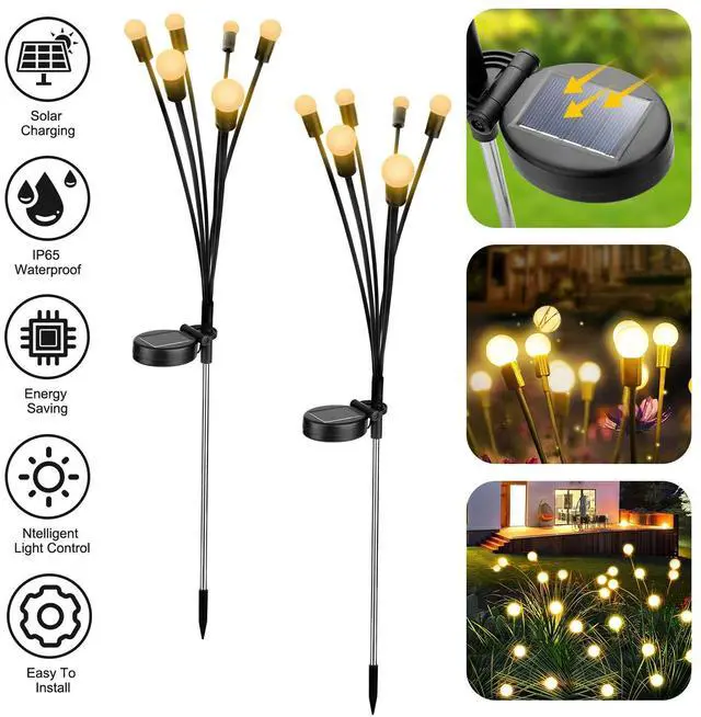 Main image of 2x LED Solar Powered Firefly Lights Garden Outdoor Waterproof Swaying Landscape