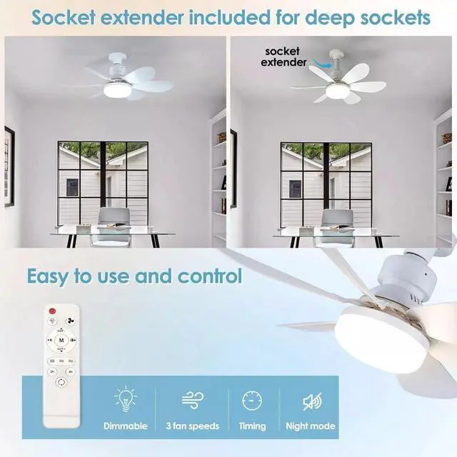 Alt view image 4 of 7 - Socket Fan Light Ceiling Fans With Lights And Remote Dimmable LED Ceiling Fan US