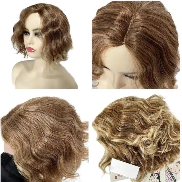 Alt view image 3 of 7 - 10 Inch Women Short Blonde Curly Wavy Bob Wig Bangs Fluffy Cosplay Party Real US