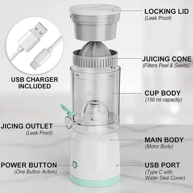 Alt view image 7 of 7 - Electric Citrus Juicer Rechargeable Hands-Free Masticating Orange Lemon Squeezer