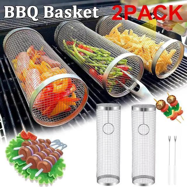 Main image of 2 Pack Rolling Grilling Basket Stainless Steel For BBQ Grill Outdoor Tools US