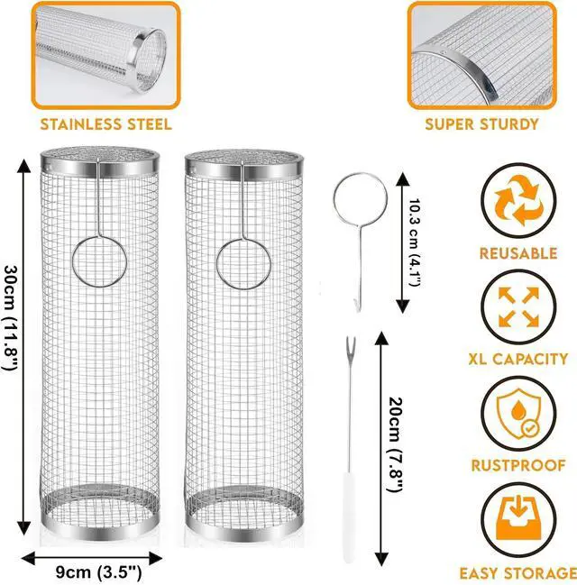 Alt view image 7 of 7 - 2 Pack Rolling Grilling Basket Stainless Steel For BBQ Grill Outdoor Tools US