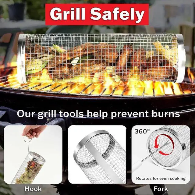Alt view image 3 of 7 - 2 Pack Rolling Grilling Basket Stainless Steel For BBQ Grill Outdoor Tools US