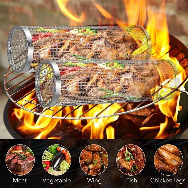 Alt view image 6 of 7 - 2 Pack Rolling Grilling Basket Stainless Steel For BBQ Grill Outdoor Tools US