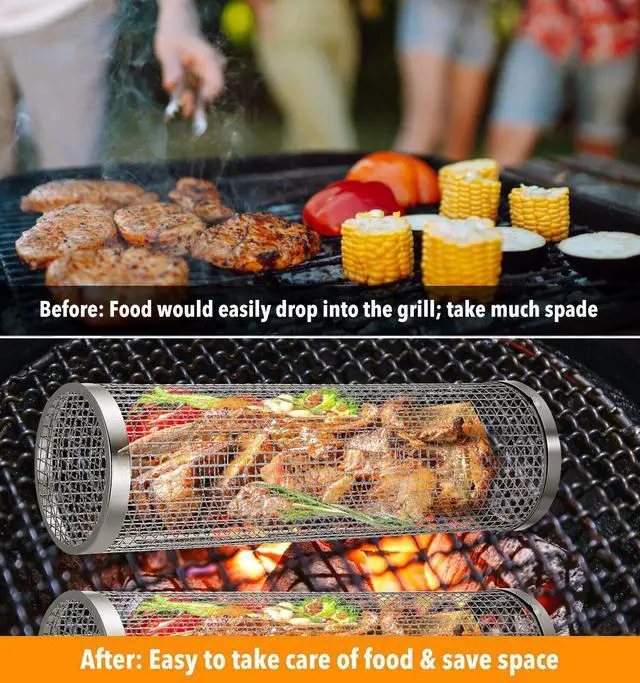 Alt view image 5 of 7 - 2 Pack Rolling Grilling Basket Stainless Steel For BBQ Grill Outdoor Tools US