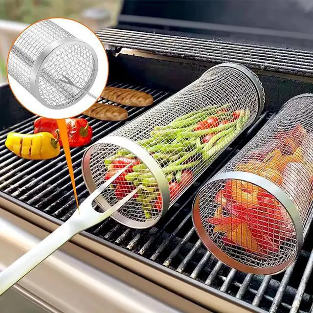 Alt view image 2 of 7 - 2 Pack Rolling Grilling Basket Stainless Steel For BBQ Grill Outdoor Tools US