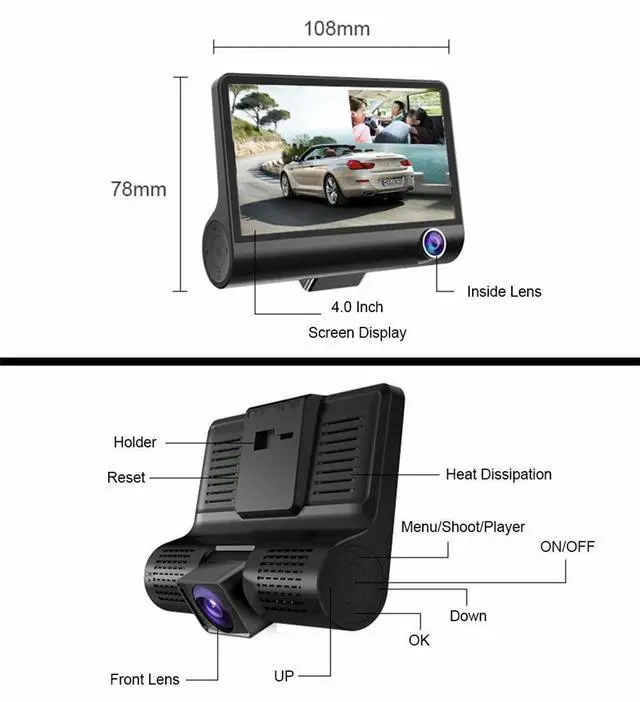 Alt view image 7 of 7 - 1080P 4" Dual Lens HD Car DVR Rearview Video Dash Cam Recorder Camera G-Sensor