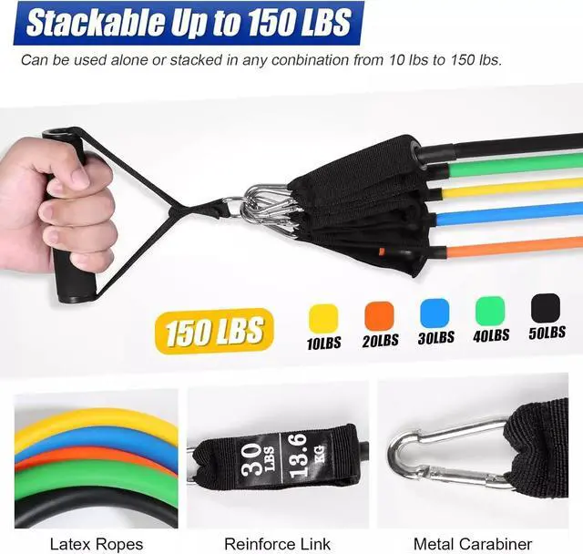 Alt view image 4 of 7 - 11 PCS Resistance Band Set Yoga Pilates Abs Exercise Fitness Tube Workout Bands