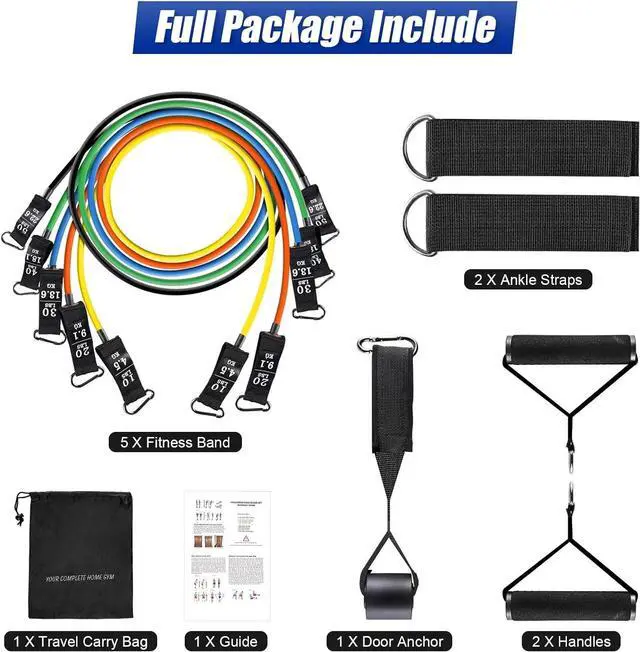 Alt view image 5 of 7 - 11 PCS Resistance Band Set Yoga Pilates Abs Exercise Fitness Tube Workout Bands