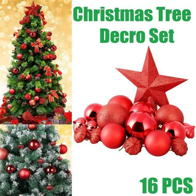 Alt view image 2 of 7 - 16Pcs Christmas Tree Balls + Star Topper Xmas Tree Ornament Hanging Decor Set