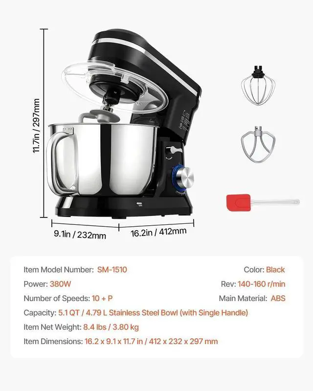 Alt view image 7 of 7 - Electric Food Stand Mixer 5.1 QT Dough Mixer 10 + P Speeds Kitchen Food Beater