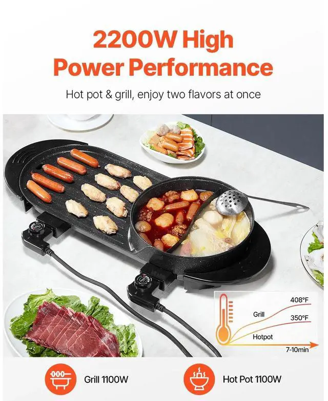Alt view image 5 of 7 - Hot Pot with Grill 2200W 2-in-1 Electric Smokeless Grill Hot Pot for 1-6 People