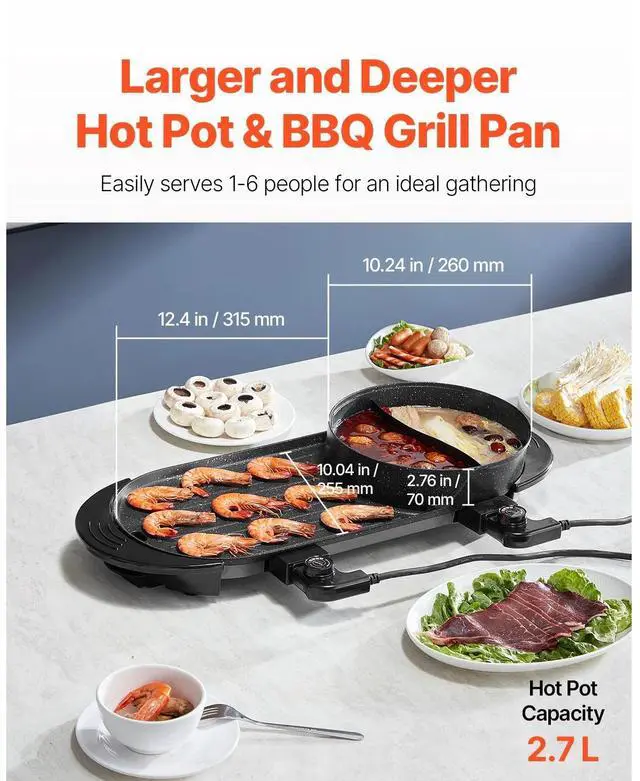 Alt view image 6 of 7 - Hot Pot with Grill 2200W 2-in-1 Electric Smokeless Grill Hot Pot for 1-6 People