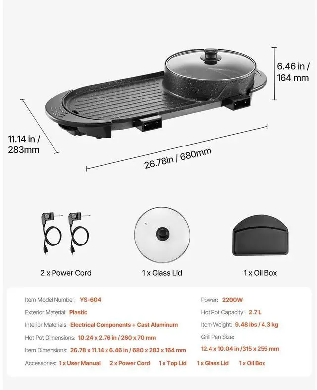Alt view image 7 of 7 - Hot Pot with Grill 2200W 2-in-1 Electric Smokeless Grill Hot Pot for 1-6 People