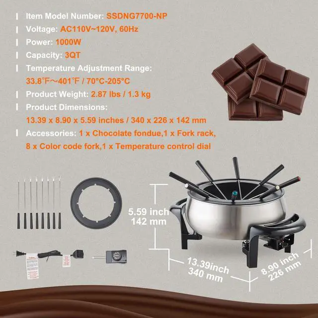 Alt view image 7 of 7 - Chocolate Melting Pot 3Qt Electric Fondue Pot Set Cheese Melting Warmer