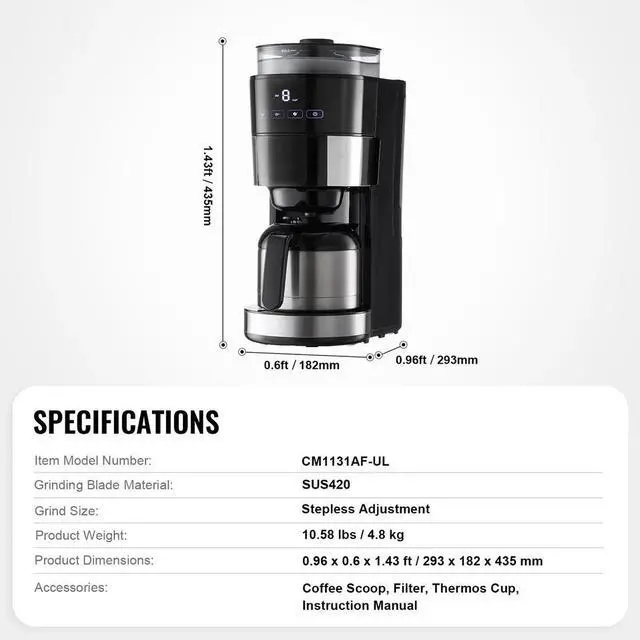 Alt view image 7 of 7 - 8 Cup Drip Coffee Machine Grind & Brew Coffee Maker w/ 3 Brew Strength Control