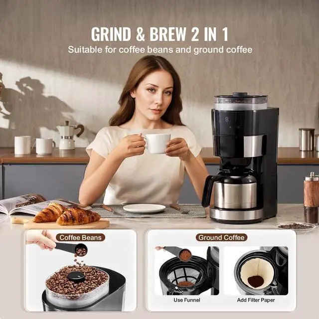 Alt view image 5 of 7 - 8 Cup Drip Coffee Machine Grind & Brew Coffee Maker w/ 3 Brew Strength Control