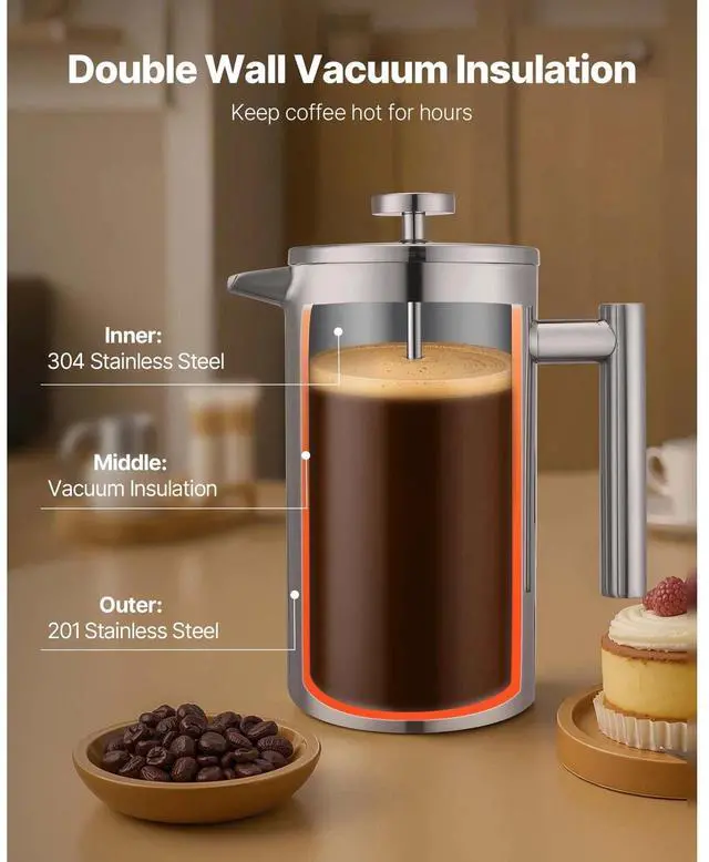 Alt view image 2 of 7 - 34 oz/1L Coffee Press for French-Style Brewing, Silver Stainless Steel